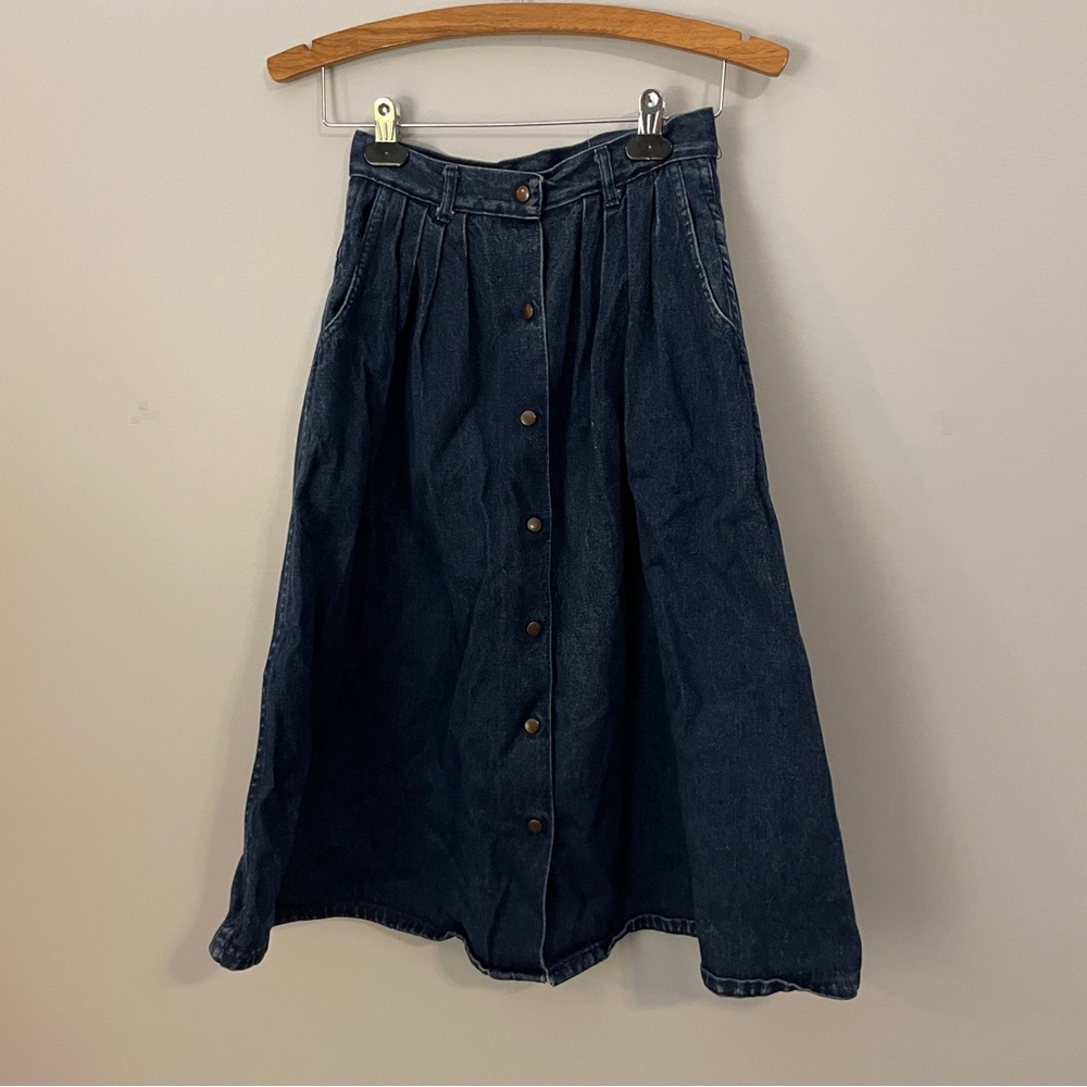 Vintage Thalhimers Denim Snap Buttons Midi Skirt With Pockets Size 6